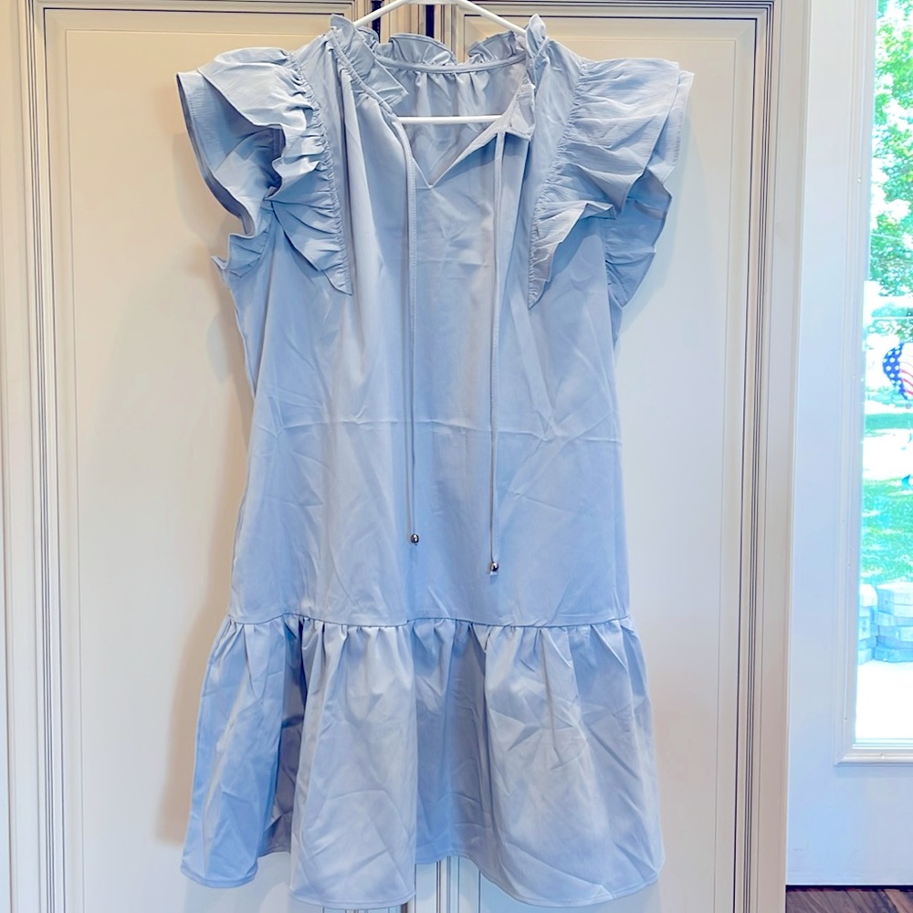 NWOT Summer V-Neck Drawstring Ruffle Cap Short Sleeve Side Pockets Mini Dress